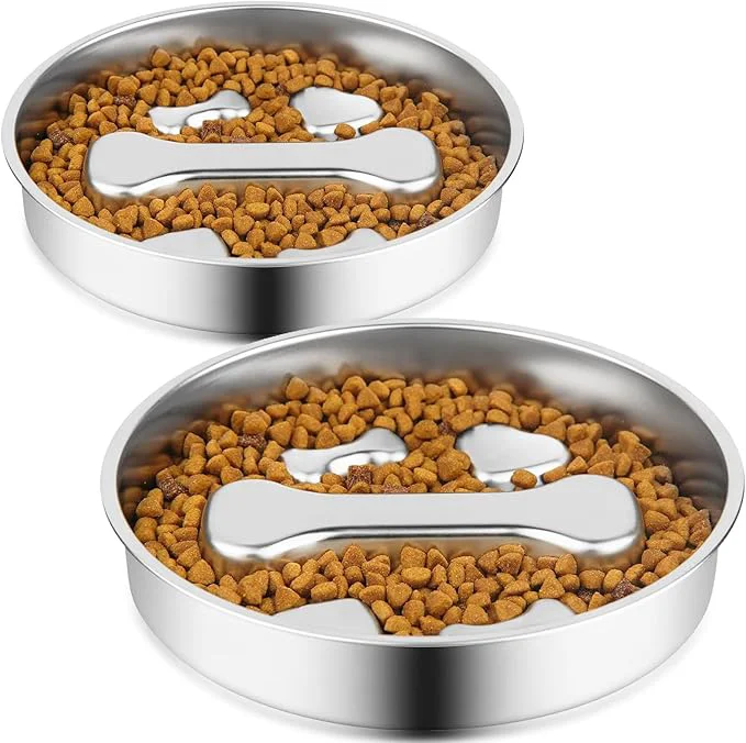 Enhanced Stainless Steel Slow Feeder Dog Bowls 2 Pcs Slow Food Bowl for Dog Cat - 2 Cups Capacity Bone-Shaped Design Pet Food Holder Metal Non-Slip Lick Plate Puzzle Maze Dish for Small Medium Sized BreedsAbout ThisOverview Luxury