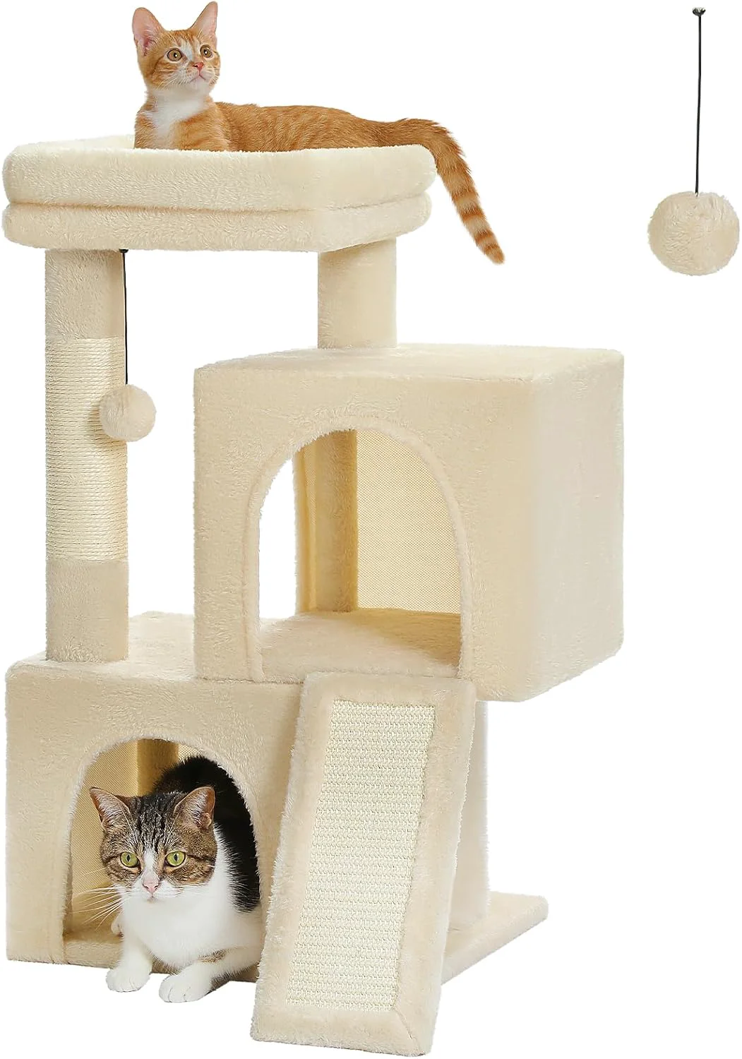 Crafted PAWZ Road Cat Tree 30 Inches Cat Tower with Dual Condos for Indoor Cats Plush Cat House with Padded Perch Scratching Ramp and Posts and Replaceable Balls-Beige Smooth