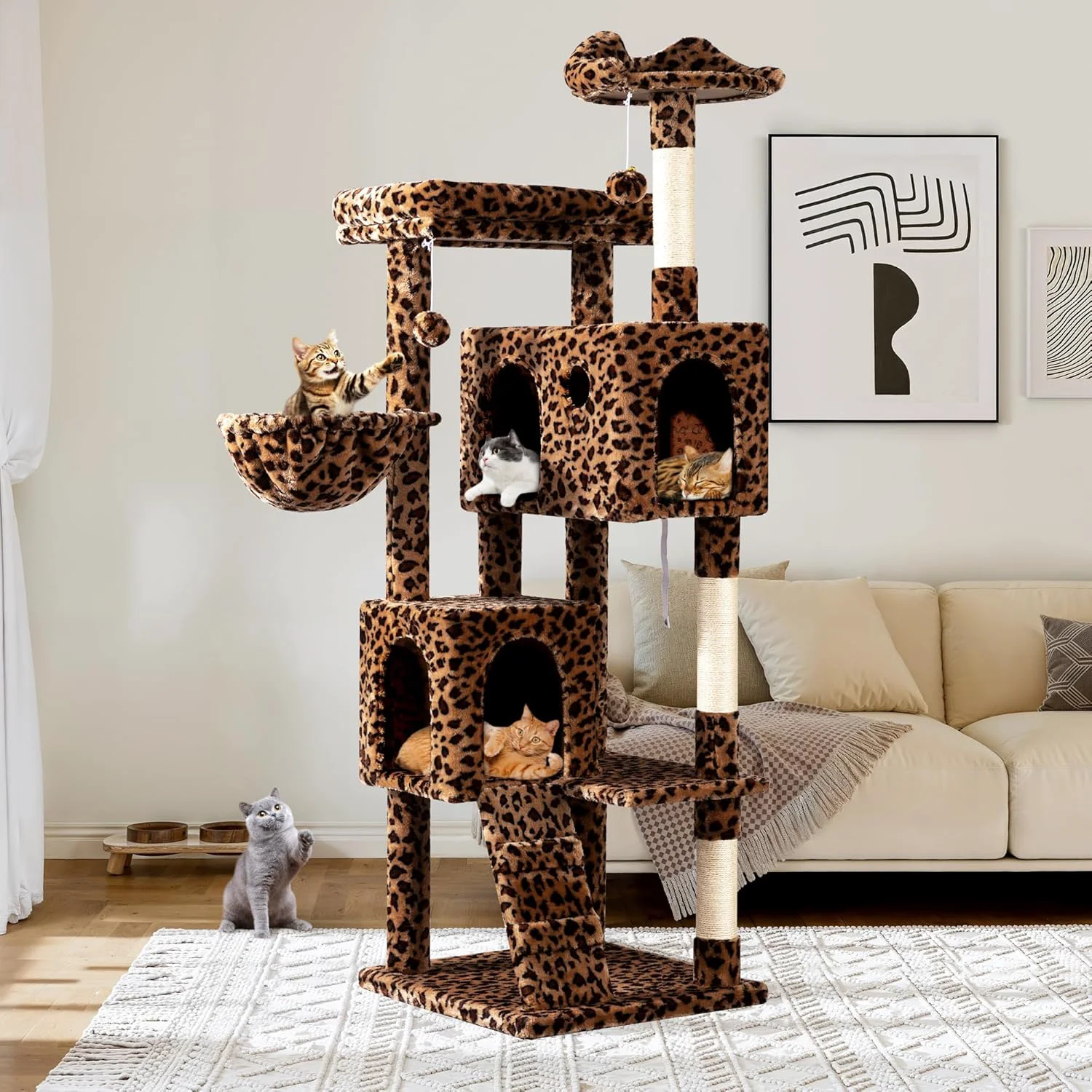 Durable Allewie 64 Inches Cat Tree Tower Multi-Level Activity Center for Indoor Big Felines 2 Plush Condos 2 Perchs Basket House Sisal Scratching Posts Hanging Cat Toys Leopard Print Prestigious