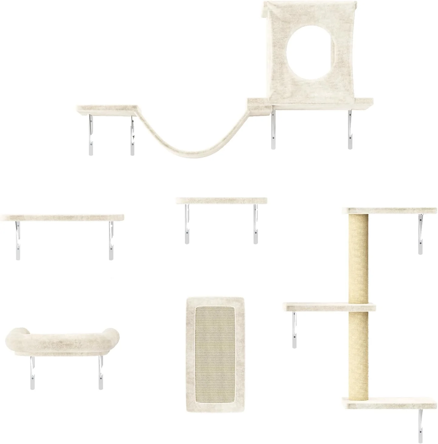 Reusable NUNU LAB Cat Wall Shelves 6 Pcs Luxury Wall-Mounted Cat Climber Set Indoor Cat Furniture with 1 Condos House 2 Cat Wall Shelves 1 Scratching 1 Bridge Ladder 1 Scratching Pad White Stylish