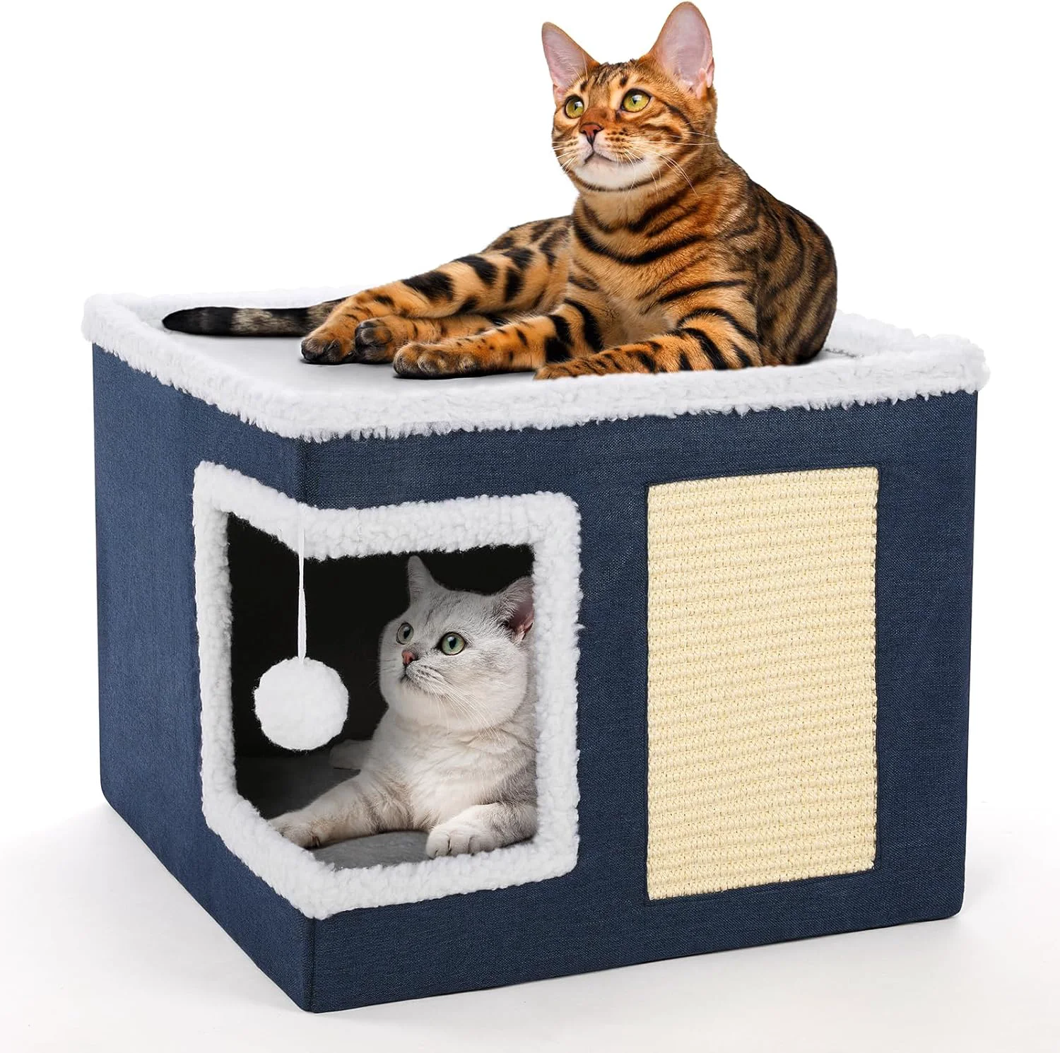 Smart petizer Cat Bed for Indoor Cats Large Covered Cat House with Scratch Pad Foldable Cat Cave Bed Hideaway Cube with Reversible Cushions Cute Cat Condo for Multi Small Pet Kitten Blue Reliable