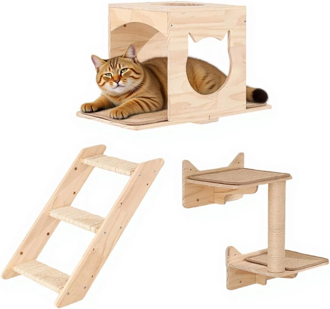 Reliable Cat Wall Shelves Set – Wall Mounted Cat Furniture with House Sisal Mat Scratching Posts Perches – Indoor Climbing Shelves for Large Cats Minimalist