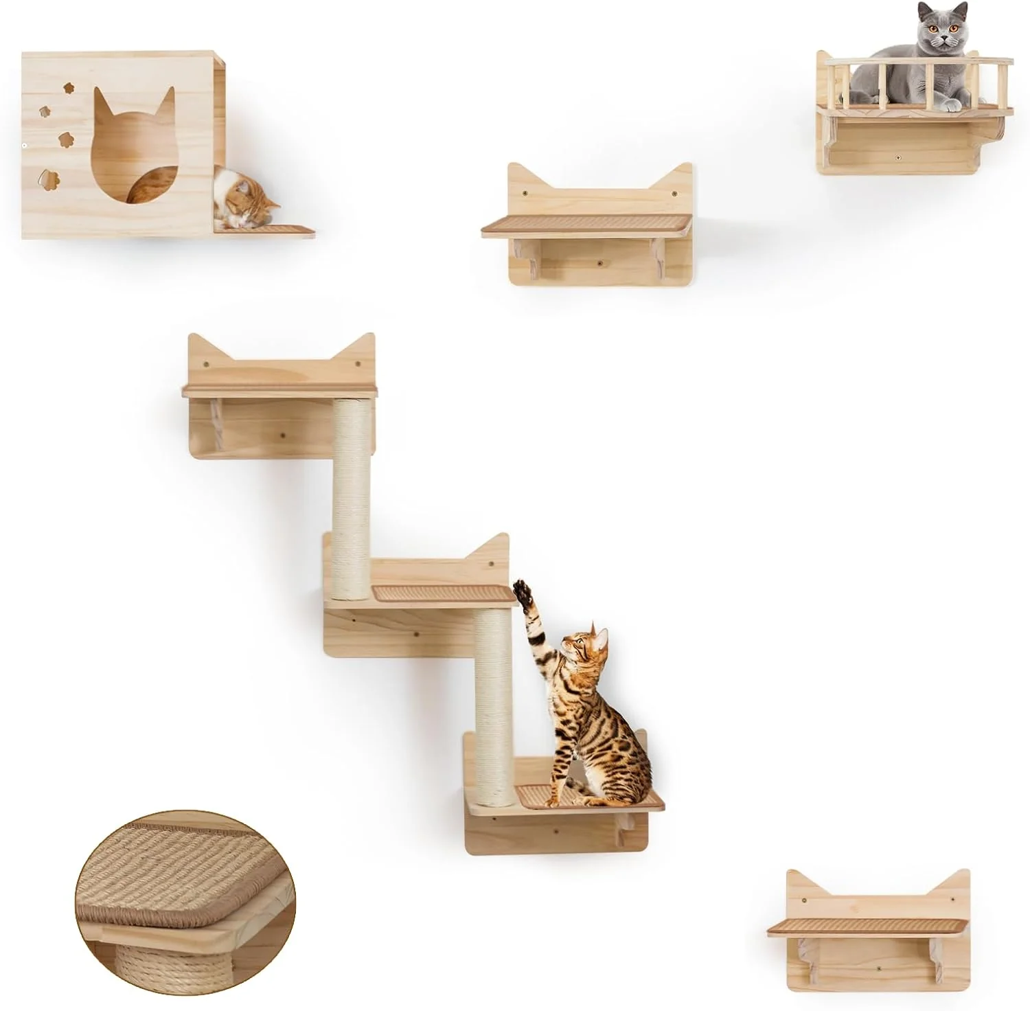 High-Grade 9-Piece Cat Wall Shelves and Perches for Wall House Lookout Tower 2 Sisal Scratching Posts 5-Step Wall Ladder 7 Sisal Mat I Shelves for Wall - Sturdy Cat Wall Shelves for Large Cats Reliable