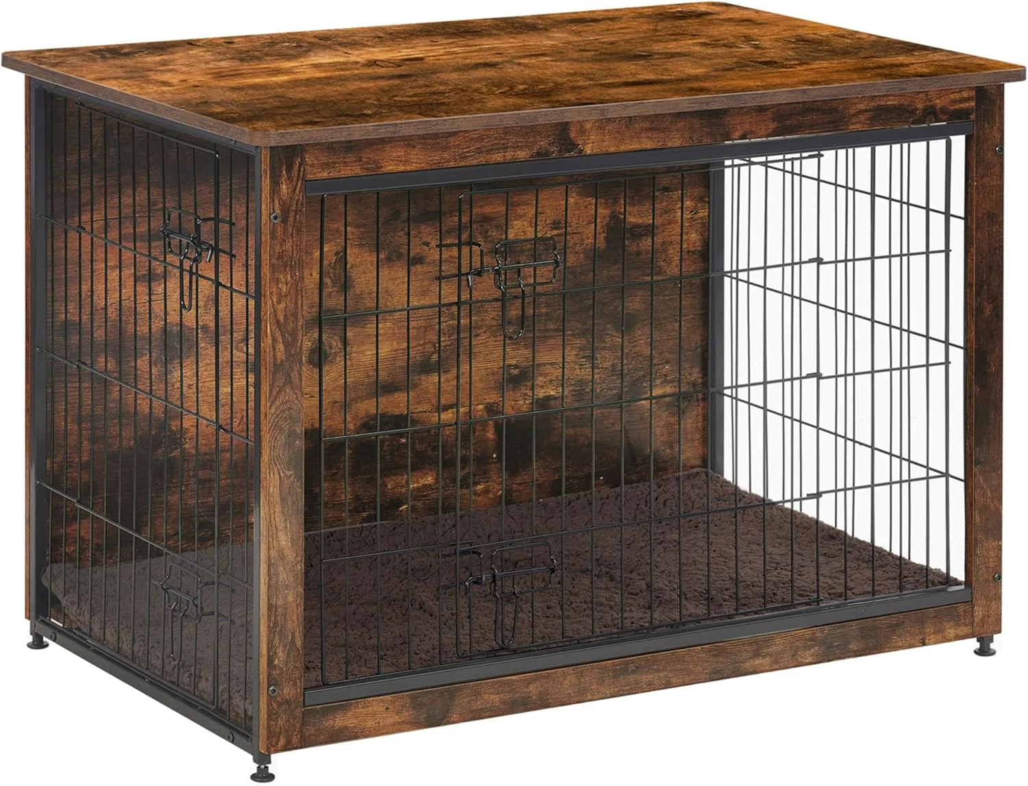 Verified DWANTON Dog Crate Furniture with Cushion Wooden Kennel Table with Double Doors Indoor Dog House Large Size 38.5 L Rustic Brown Detailed