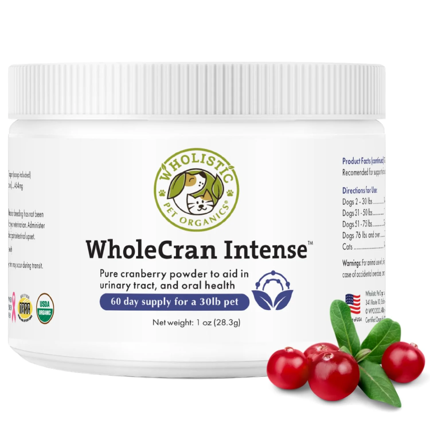 Powerful Wholistic Pet Organics WholeCran Intense Organic Cranberry Powder for Dogs Urinary Kidney Support Natural