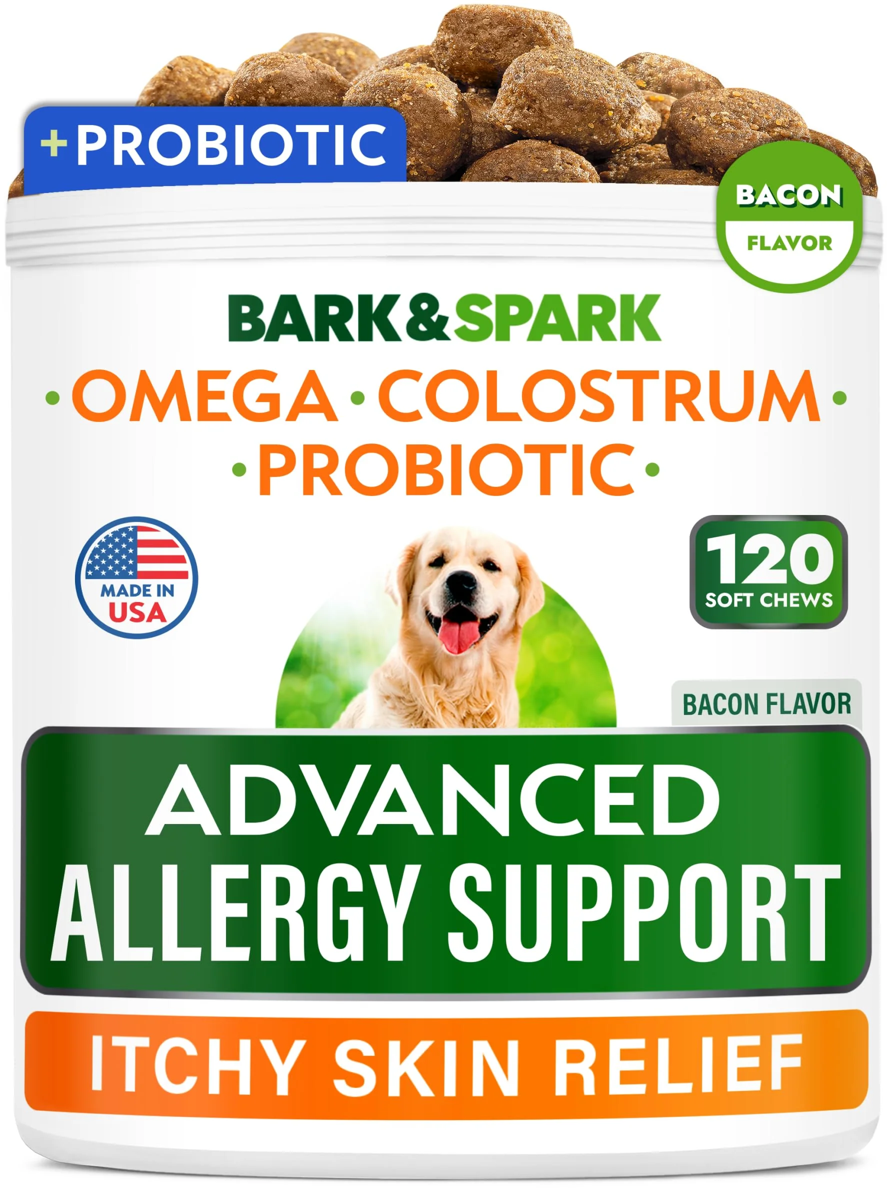 Powerful BARK SPARK Advanced Dog Allergy Itch Relief Chews – Skin Probiotics Omega-3 Fish Oil Colostrum 120 Count Fine