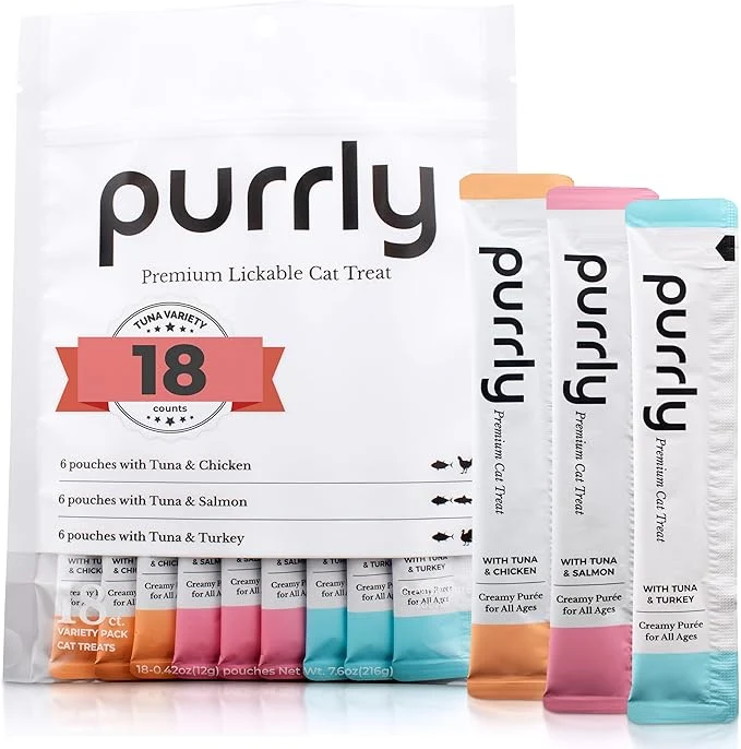 Reliable Purrly Cat Treat Snack Wet Lickable Low Calorie Healthy Grain- Tuna Variety Packs 18 Count Squeezable Creamy Purée with Human-Grade Proteins and Functional Nutrients No-Artificial-AdditivesAbout This Traditional