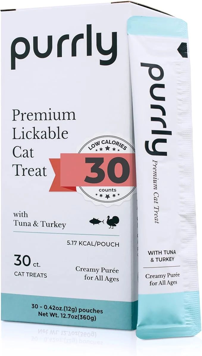 Breathable Purrly Lickable Cat Treat Healthy Human-Grade Tuna Turkey with L-Lysine Astaxanthin for Immunity 30 Count Soft Low Calorie Hydrating Interactive Snack Wild-Caught Farm-Grown Grain-About This Long-Lasting