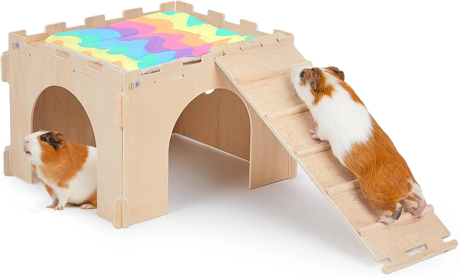 Eco-Friendly Guinea Pig Hideout Guinea Pigs House with Stairs and Mats Extra Large Guinea Piggy Castle Detachable Hideouts for Small Animals Wooden Guinea Pig Habitats with Multiple Doors and Windows Durable