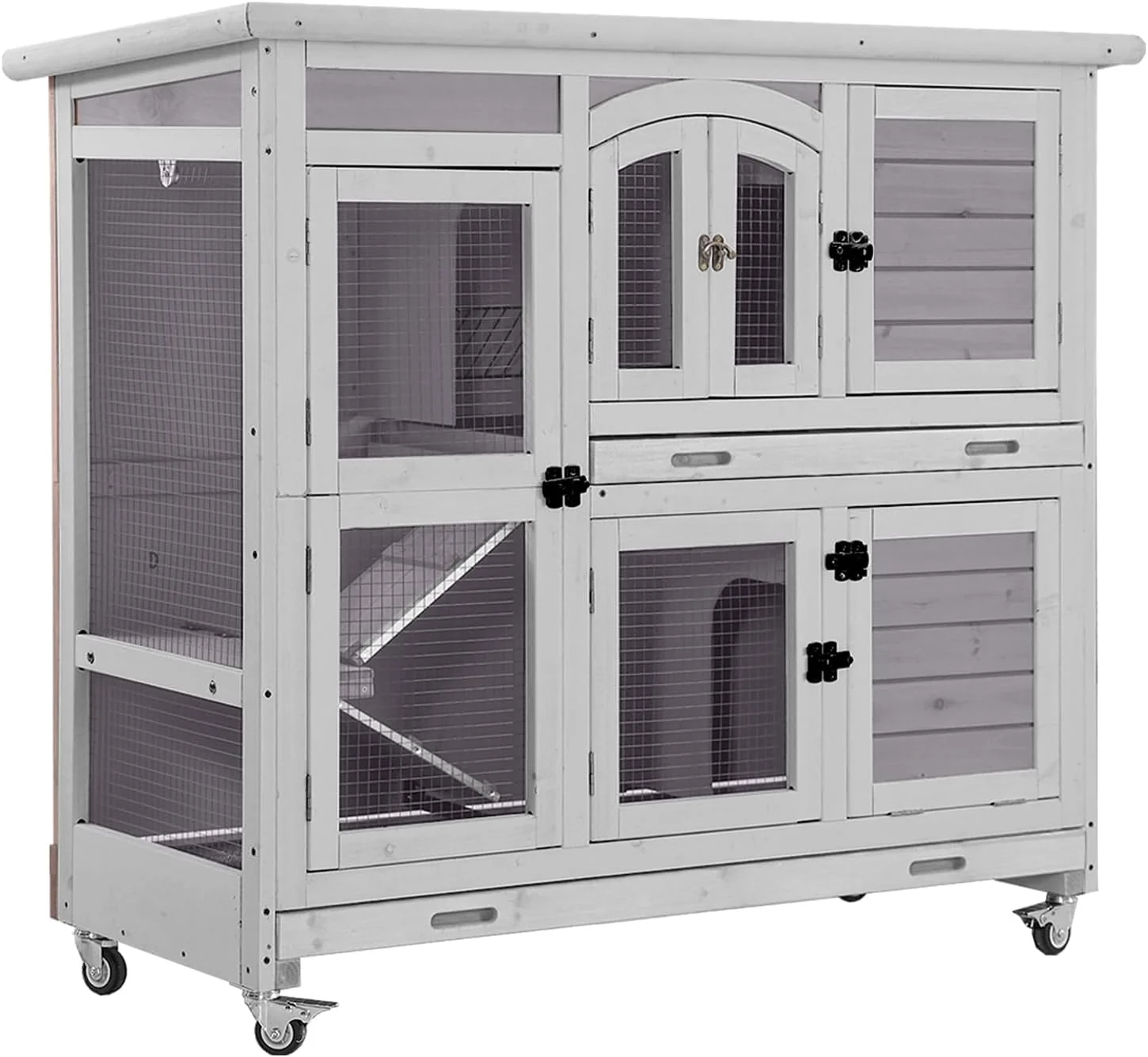 Relaxed Aivituvin Rabbit Hutch Indoor Bunny Cage with Wheels 2-Story Design 2 Deep Trays Anti Slip Ramp I for Small Animals - Grey Original