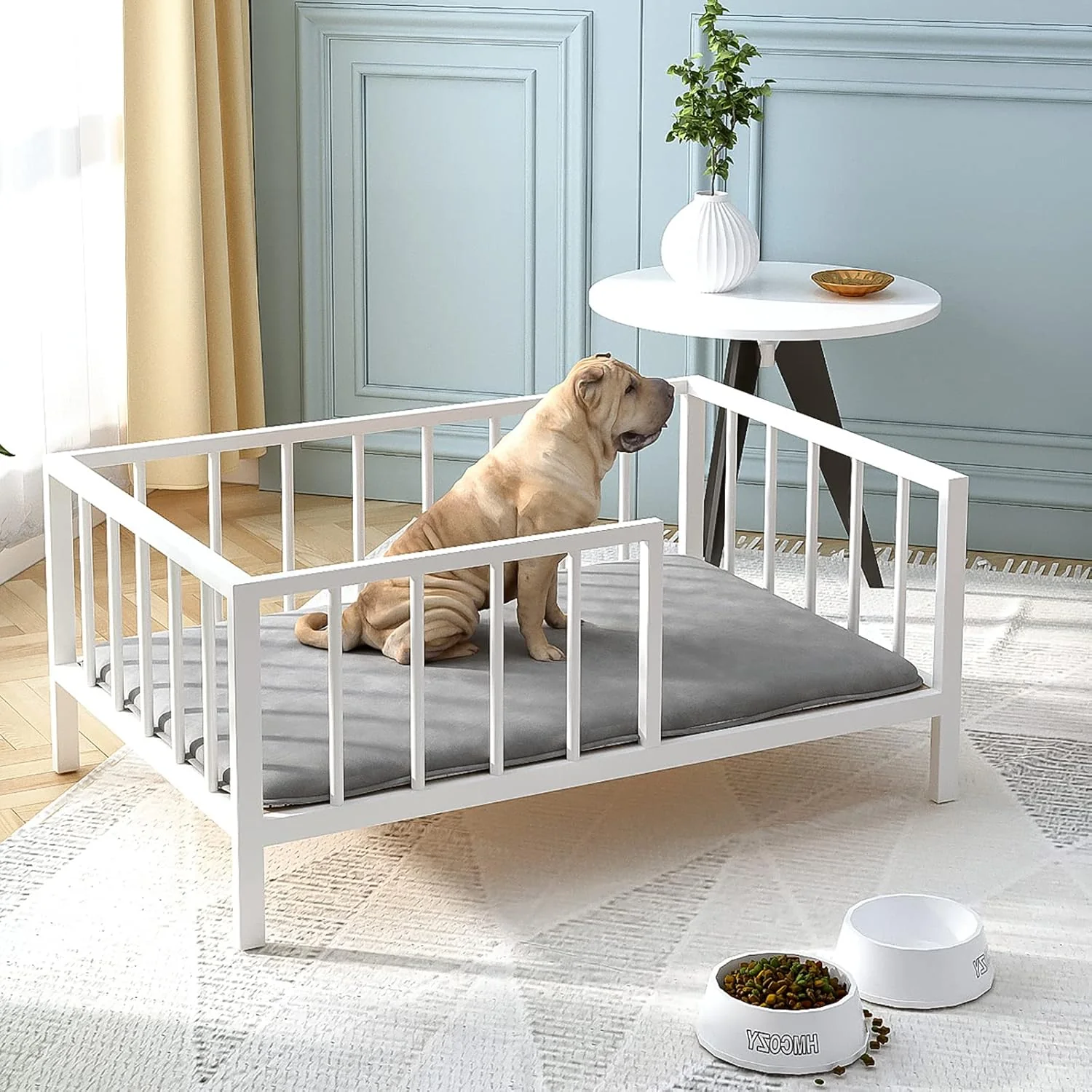Sustainable Dog Bed with Rails - d Pet Metal Bed Frame with Solid Wood Board and Washable Soft Mat for Medium Dog Indoor or Outdoor Use 25.2 x 37.8 White Certified