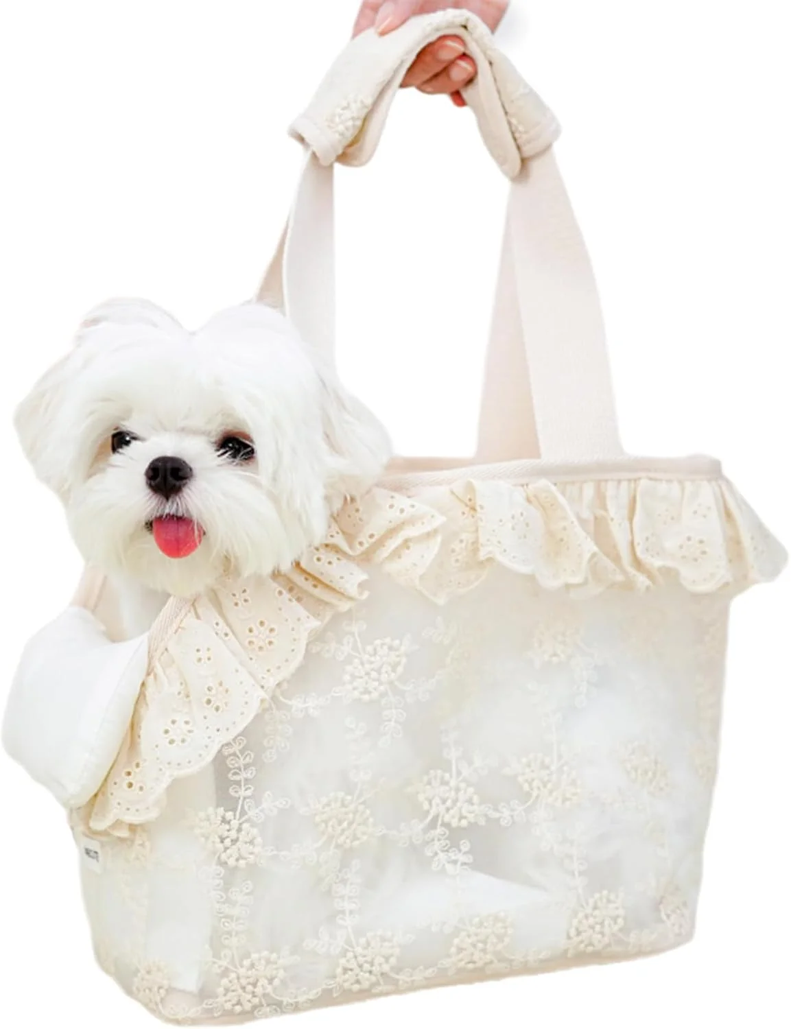 Refined Dog Carrier for Small Dogs Rabbit cat with Lace Design Cotton Bag Dog Carrier Soft Sided Collapsible Travel Puppy Carrier Beige 9.4 L x 5.9 W x 9.4 H Pure