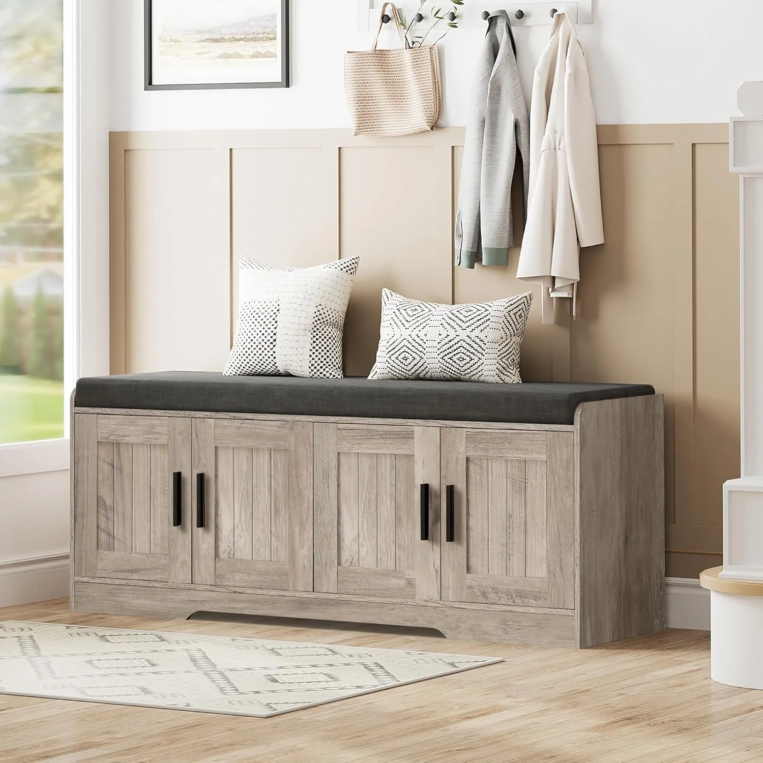 Effective 2-Tier Storage Bench Shoe Bench with Thickened Padded Seat Cushion Entryway Bench with 4 Doors Adjustable Shelf 13.8 D x 45.3 W x 18.5 H for Entryway Living Room Bedroom Greige Premium Material