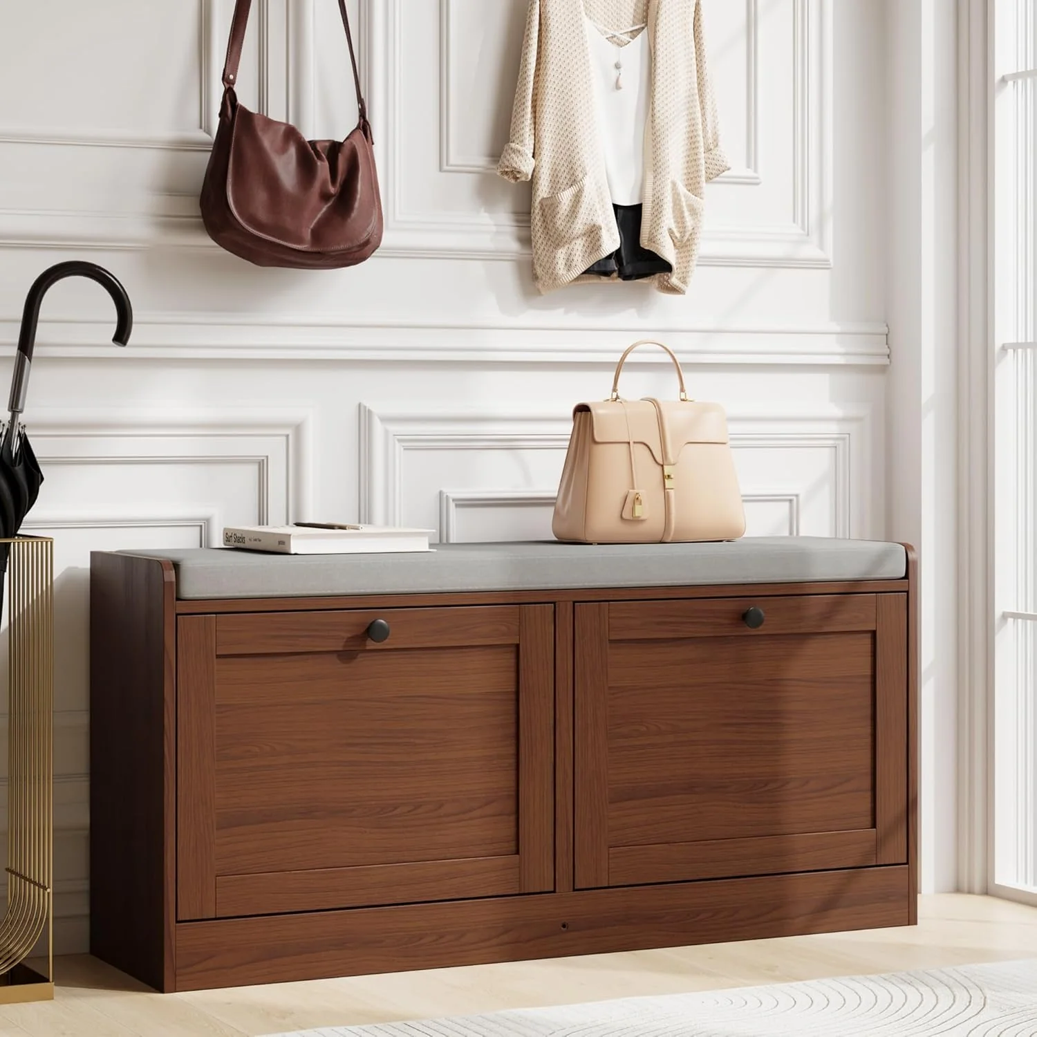 Reusable MHOM Brown Modern Entryway Bench with 2 Flip Drawers Entryway Shoe Bench with Padded Seat Cushion Wooden Storage Bench for Bedroom and Apartment Comfortable