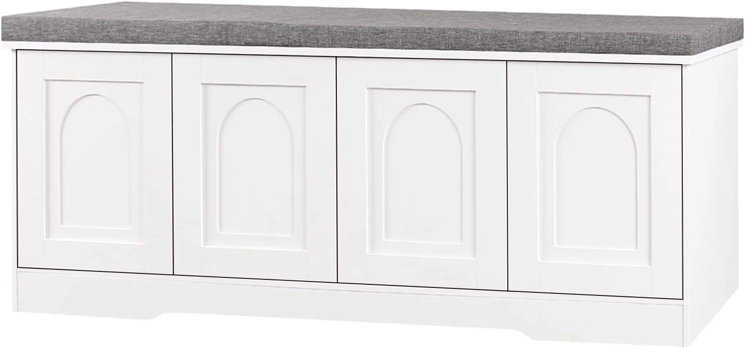 Consistent DINZI LVJ Shoe Bench Entryway Storage Bench with Doors Cushion 2-Tier Shoe Rack with 8-Cubby 47.2 L x 13.8 W Shoe Organizer Cabinet Adjustable Shelf Living Room Bedroom White Convenient