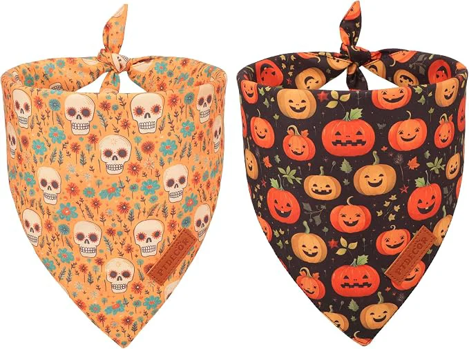 Casual PTDECOR Halloween Dog Bandana Skeleton Pumpkin Reversible Holiday Dog Scarf Comfortable