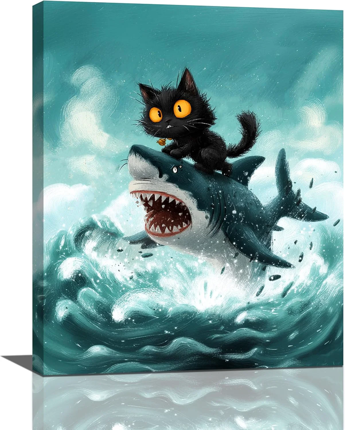 Selected Funny Black Cat Bathroom Wall Art Cute Cat Riding Shark Canvas Wall Decor Animal Kitten Pictures Painting Print Artwork Framed Decorations Gifts for Cat Lover Kids Room Bedroom 16 x20 Clean