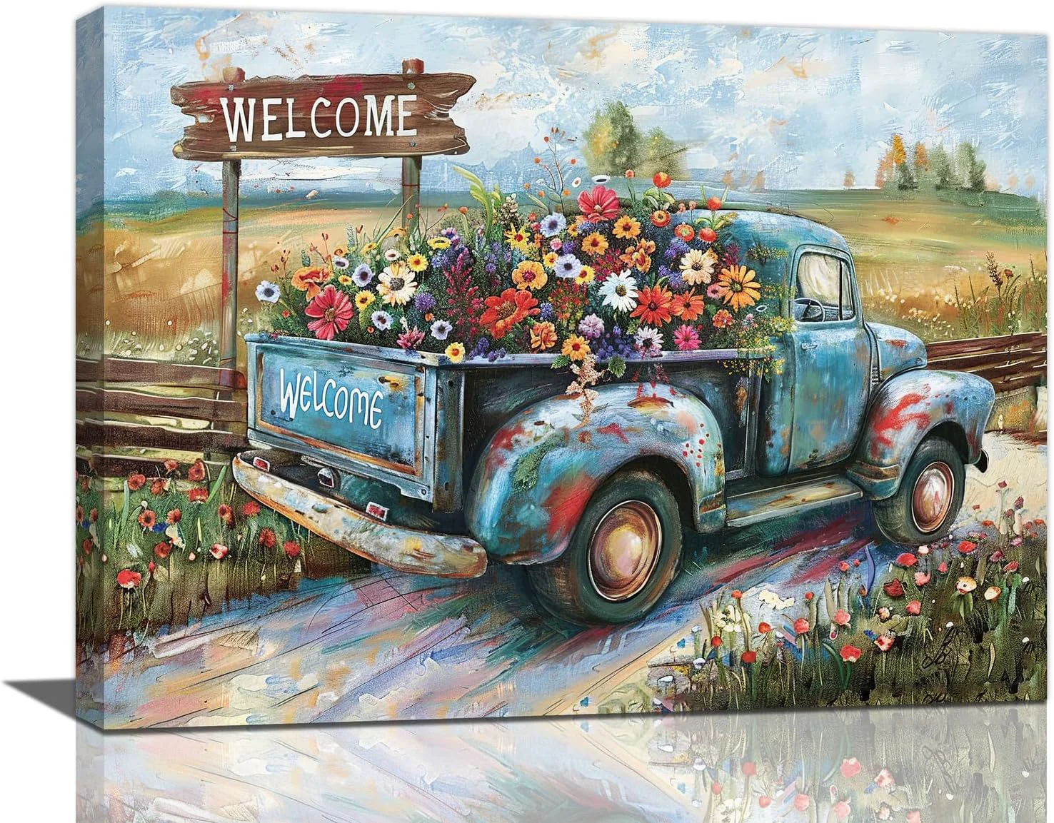 World-Class Farmhouse Truck Wall Art Rustic Country Wildflowers Wall Decor Road Flowers Landscape Pictures Canvas Print Painting Artwork for Bathroom Living Room Bedroom 12 x16 Contemporary