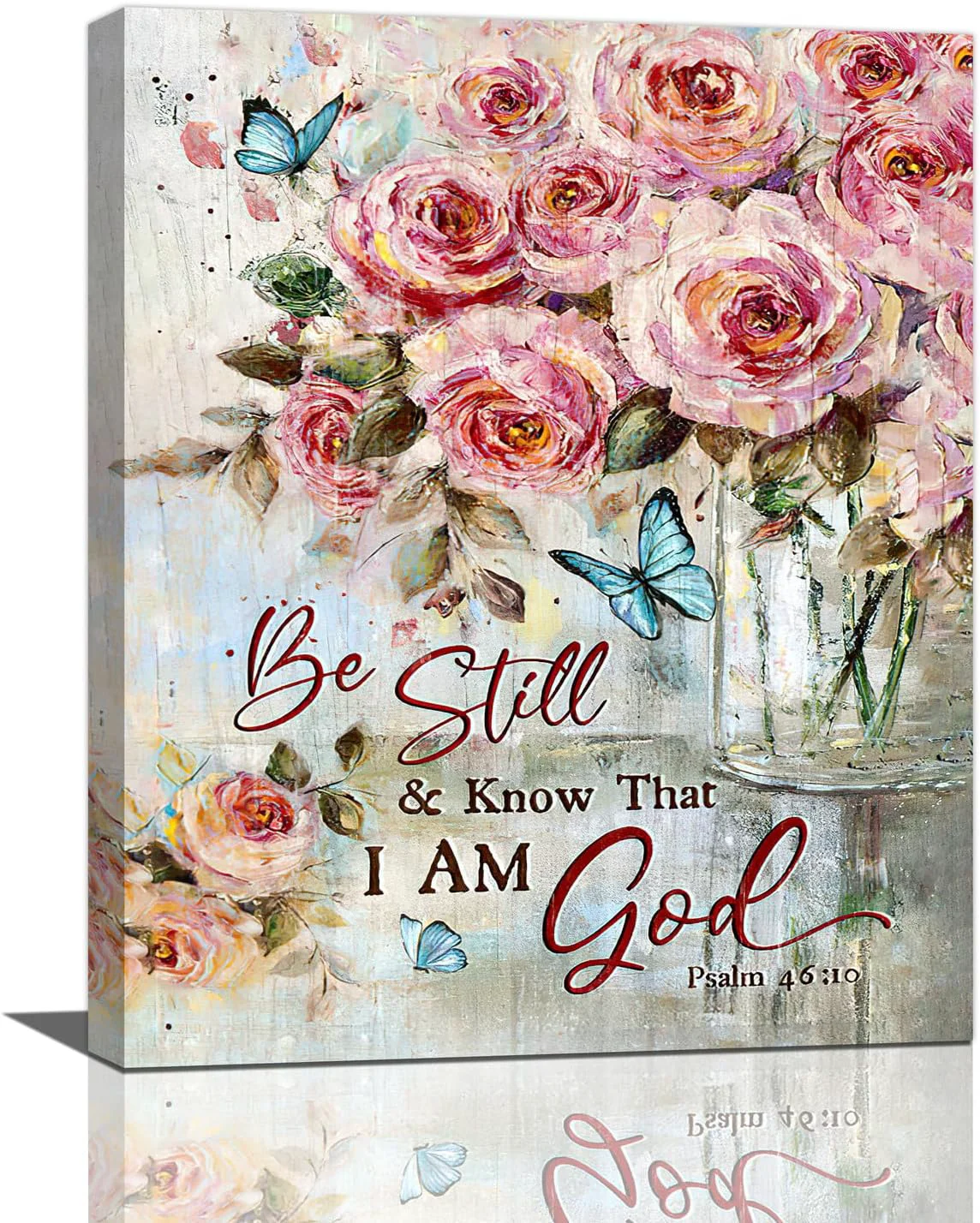 Recyclable Farmhouse Rose Wall Art Christian Scripture Pictures Pink Rose Wall Decor Rustic Floral Butterfly Canvas Print Painting Artwork for Bathroom Living Room Bedroom 16 x20 Original Design