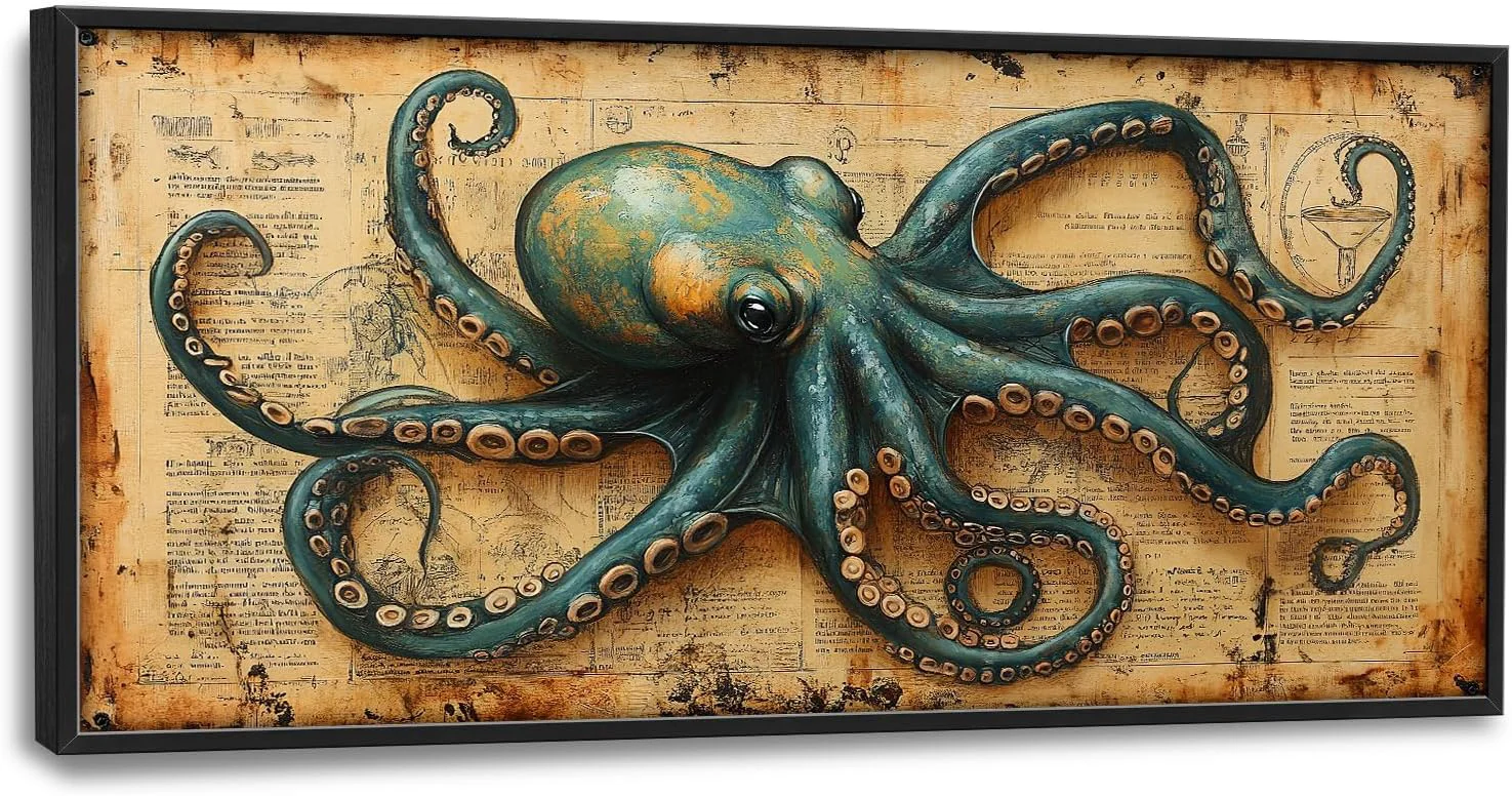 Specialty Large Octopus Nautical Wall Art for Living Room Vintage Ocean Canvas Oversized Wall Decor Rustic Sea Animal Framed Pictures Painting Print Artwork for Bedroom Office 60 L x 30 W Durable