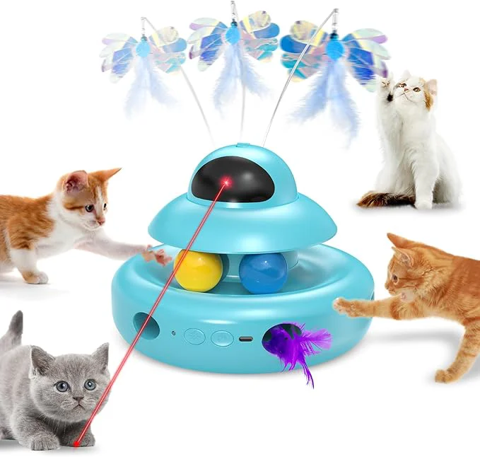 Advanced Cat Toys 4-in-1 Automatic Kitten Toy for Bored Indoor Adult Cats lectric Flying Butterfly Whack a Mole Feather Track Balls BlueAbout This Clean