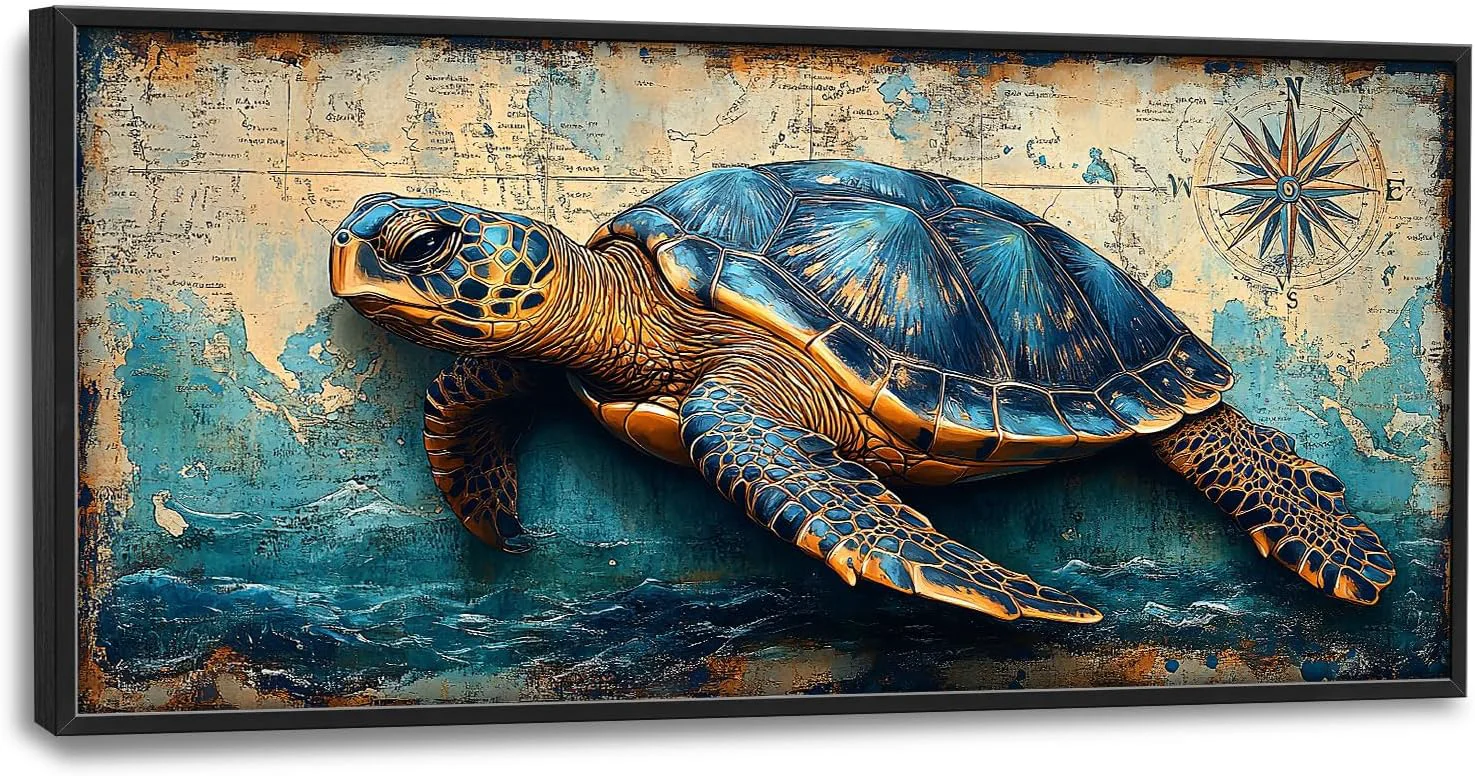 Versatile Large Nautical Turtle Wall Art for Living Room Coastal Ocean Canvas Oversized Wall Decor Beach Aesthetics Framed Pictures Painting Print Artwork for Bedroom Office 60L x 30W Expertly Made