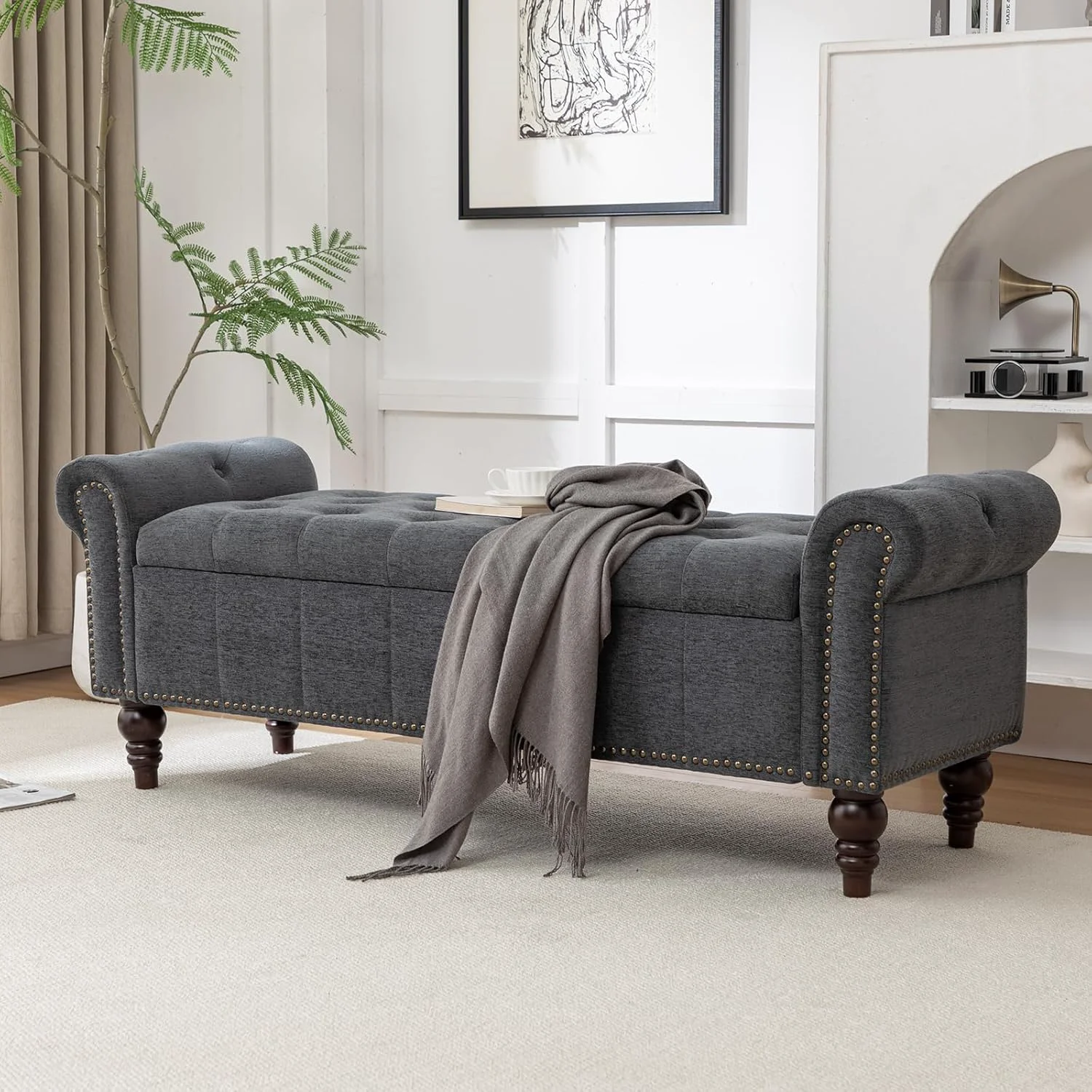 Unique 58 Storage Bench for Bedroom Upholstered Button-Tufted Ottoman with Solid Wood Legs Large End of Bed Shoe Cabinet Window Seat Foot Rest Stool for Entryway Closet and Living Room Dimgray Convenient