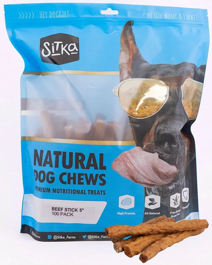Verified Sitka Farms Beef Sticks for Dogs 5 Inch - Crunchy Beef Munchy Sticks - 100 Count - for Small Medium and Large Dogs - Enhaced with Bully and CollagenAbout This Crafted