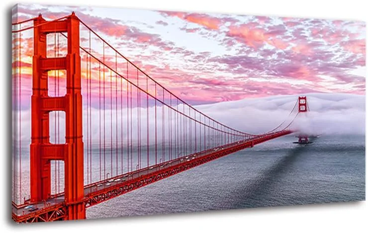 Carefully Designed San Francisco Red Golden Gate Bridge At Dusk Canvas Wall Art For BedRoom Modern ism City Building Picture Califonia Foggy Cityscape Painting Decor Bracket Fixed Ready To Hang Inner Frame 30x60 Prestigious