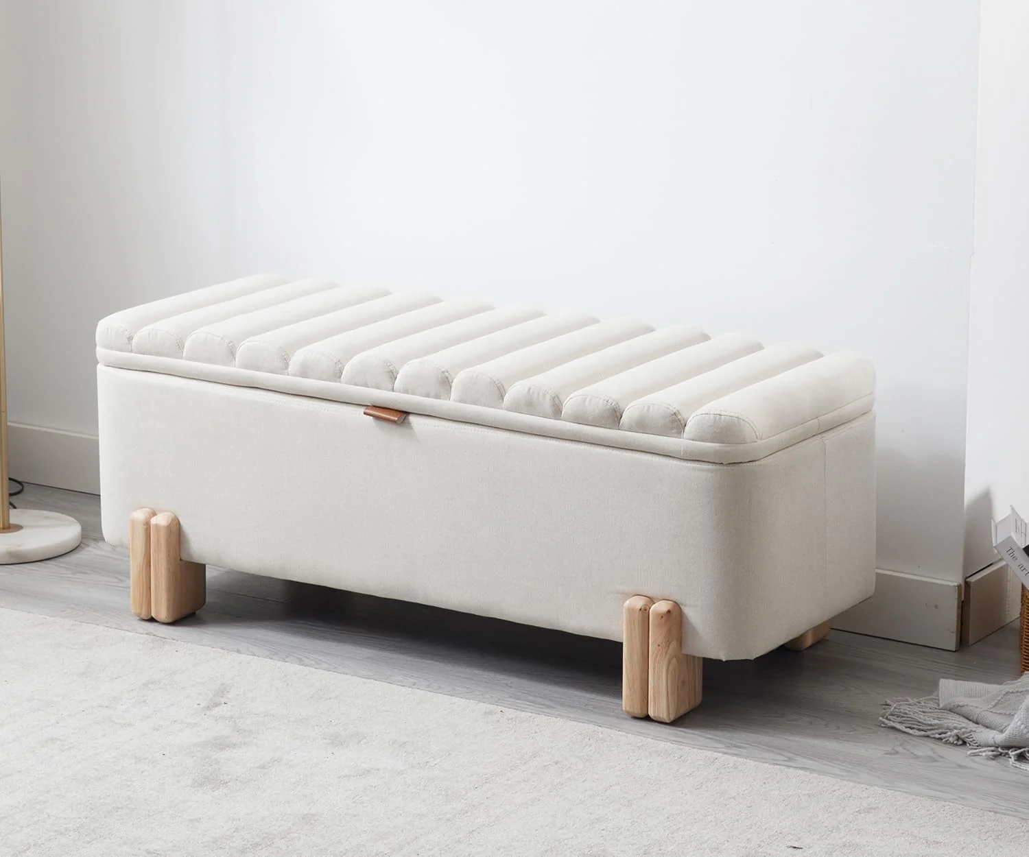 Environmentally Friendly Kmax 45 Storage Bench Linen Entryway Bench Upholstered Ottoman Bench with Wavy Top Safty Hinge for Bedroom Living Room Hallway Beige Innovative