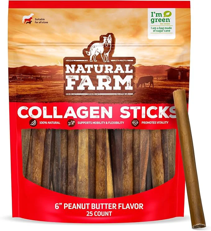 Crafted Natural Farm Peanut Butter Flavor Collagen Sticks for Dogs 6 Inch 25 Count Long-Lasting Beef Collagen Sticks Rawhide Chews with Chondroitin Glucosamine Low-Fat Dental TreatsAbout ThisOverview Modern