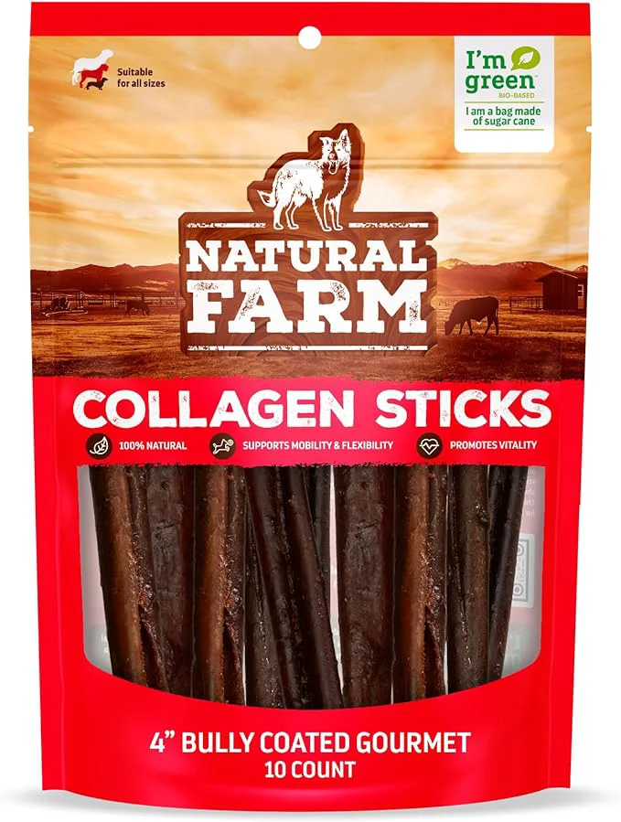 Trendy Natural Farm Bully Coated Gourmet Collagen Sticks 4 Inch 10 Pack Bully Beef Coated 95 Natural Collagen Dog Chews Supports Healthy Joints Skin Coat - for Small Medium DogsAbout ThisOverview Superior
