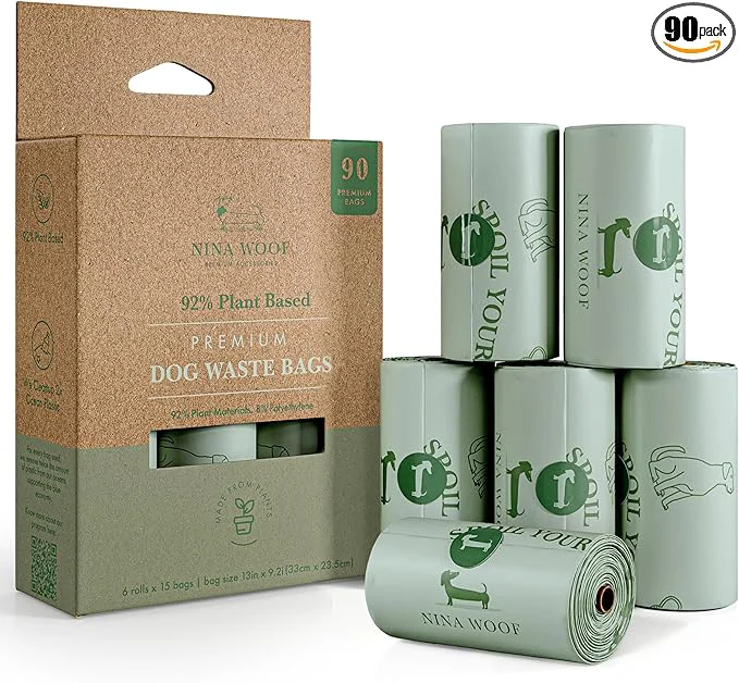 Traditional Nina Woof Eco-Friendly 92 Plant-Based Dog Poop Bags Rolls -90 Extra Thick Durable Leak-Proof Odorless Convenient Disposal - USDA Heavy-Duty Trash Bags and Garbage BagsAbout ThisOverview Unique