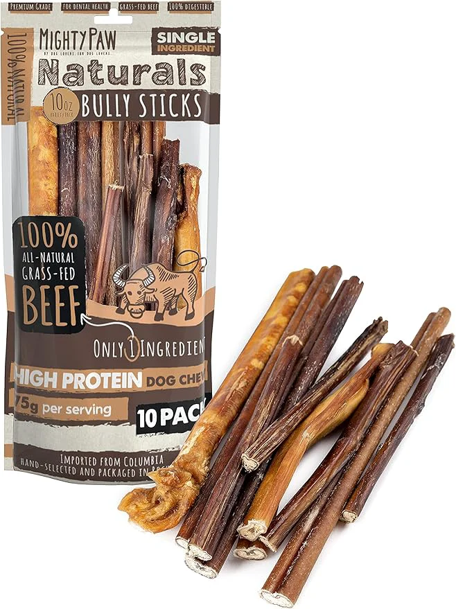Convenient Mighty Paw Naturals Variety Pack Bully Sticks for Dogs - Grass Fed Beef Chews. Dog Bully Sticks for Large Pets Medium and Small Breeds. Lower Odor Treats for Small Pets. Single IngredientAbout This Original