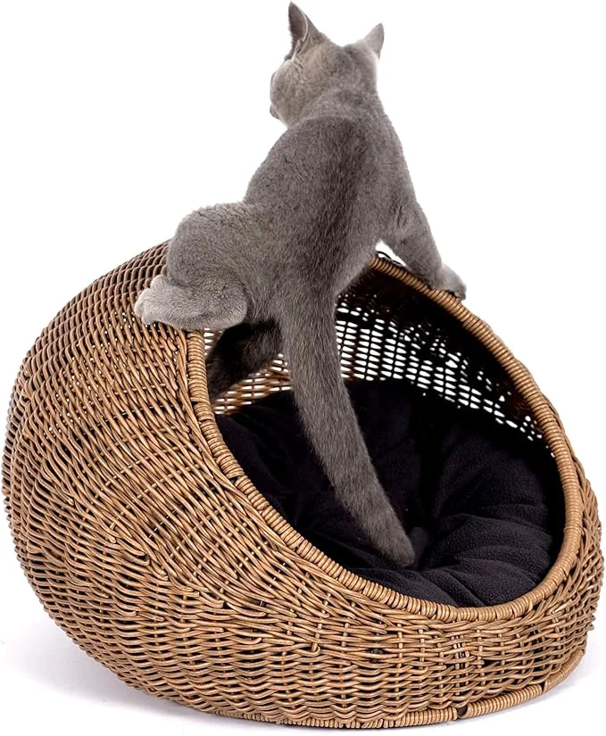 Safe D GARDEN Wicker Cat Bed Dome for Medium Indoor Cats - a Covered Cat Hideaway Hut of Faux Rattan Houses Pets in Dome Basket WashableAbout ThisOverview Green