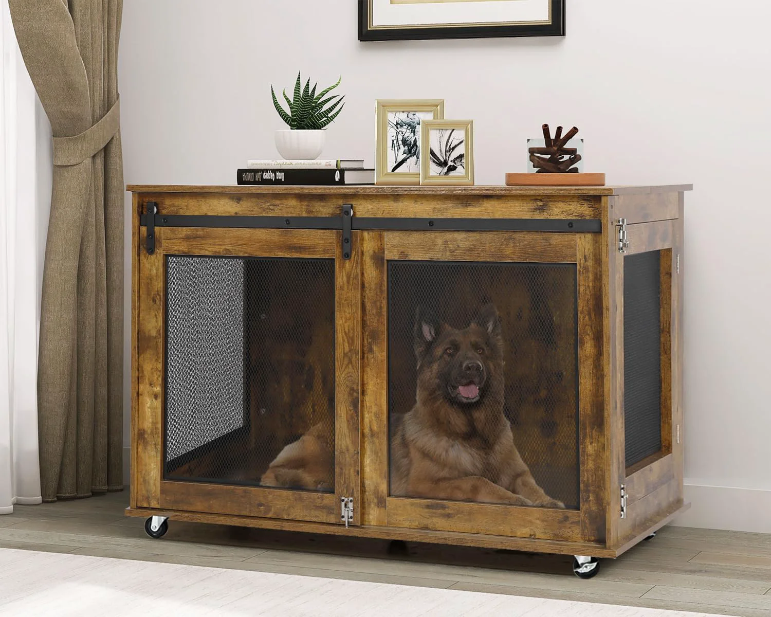 User-Friendly LINLUX 47 Inch Large Dog Crate Furniture Wooden Heavy Duty XL Dog Kennel Indoor Decorative Dog Cage Table for Large Dogs with Sliding Doors Wheels and Flip-top Plate Rustic Brown Safe