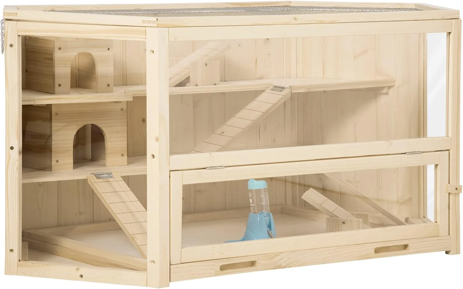 Traditional PawHut Wooden Large Hamster Cage Small Animal Exercise Play House 3 Tier with Tray Seesaws Water Bottle Activity Center Natural Innovative