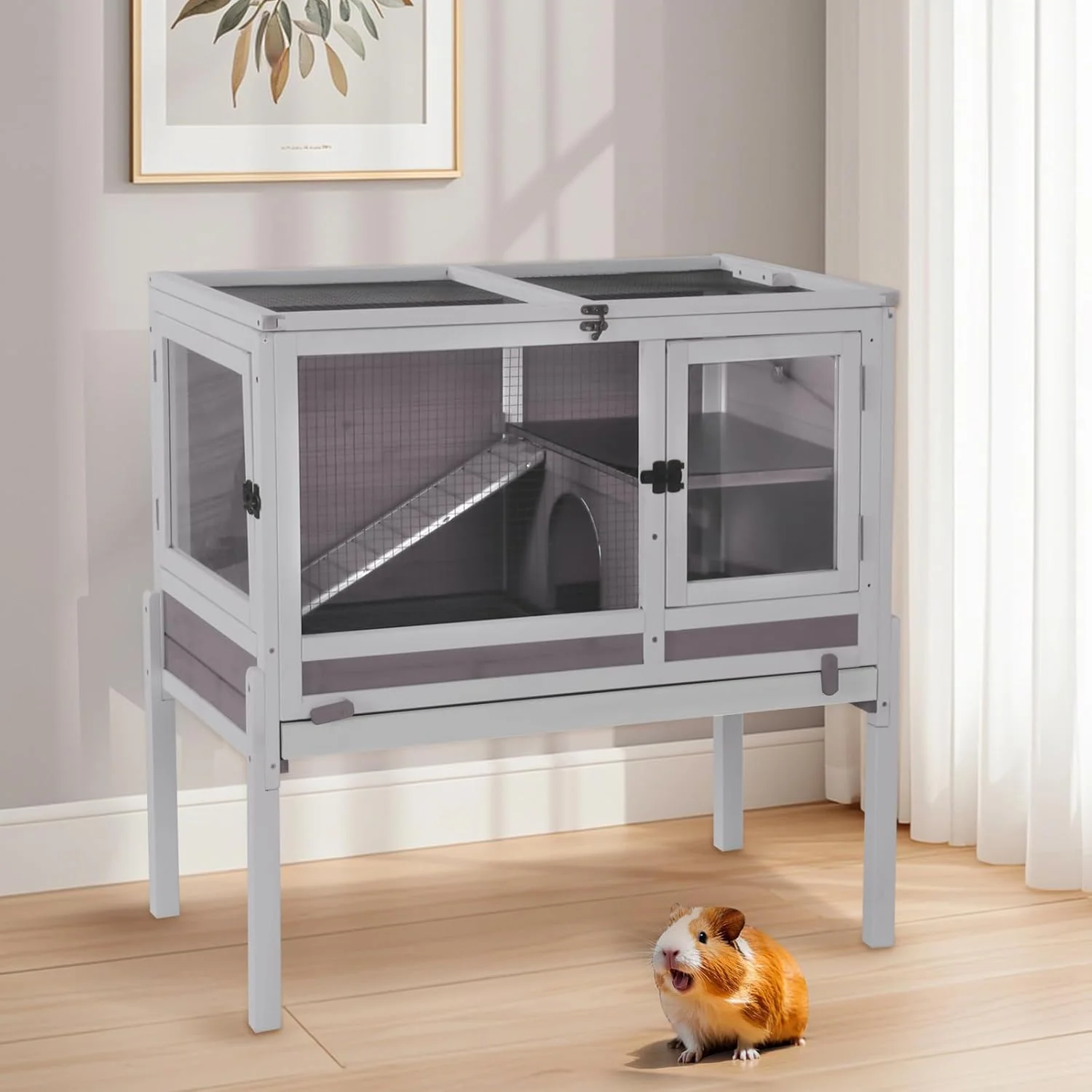 Natural Aivituvin 2-Story Rabbit Hutch with Anti-Chew Ramp Zinc Sheet - 36.6 Indoor Guinea Pig Cage Wooden Stand Pull-Out Tray Leakproof Floor Grey Smooth