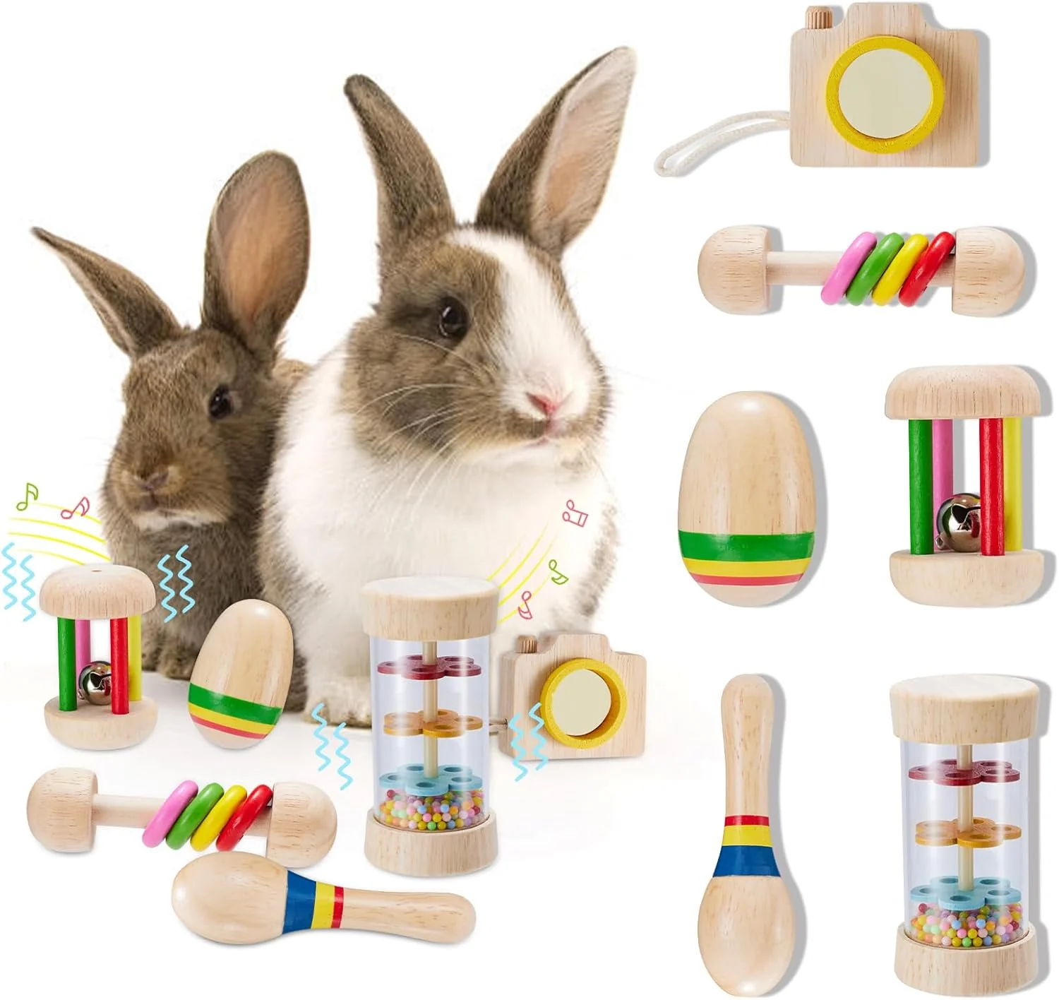 Elite 6 Pcs Wooden Bunny Toys - Safe Rabbit Guinea Pigs Teeth Grinding Toys for Chinchillas Hamsters Small Animals - Indoor Outdoor Selected