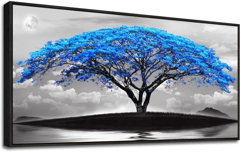 Exclusive Framed Canvas Wall Art For Office Large Size Living Room Wall Decor Bedroom Decor Wall Pictures Artwork Black And White Landscape Blue Tree Moon Wall Painting Home Decorations Black Frame 24 X 48 Modern