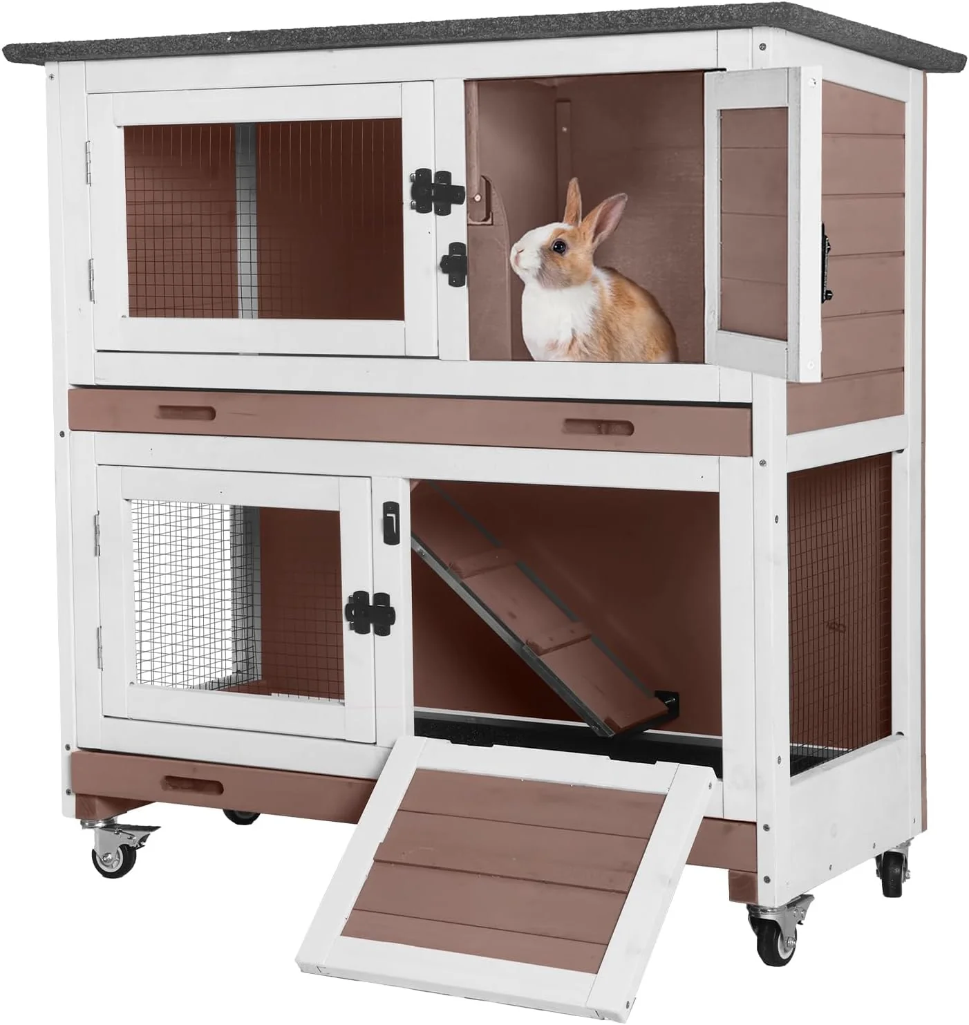 Healthy AIVITUVIN Wooden Rabbit Hutch Indoor Outdoor Rabbit Cage with Two Removable Trays Bunny Cage on Wheels Pet House Guinea Pig Cage 2 Story Brown Elegant