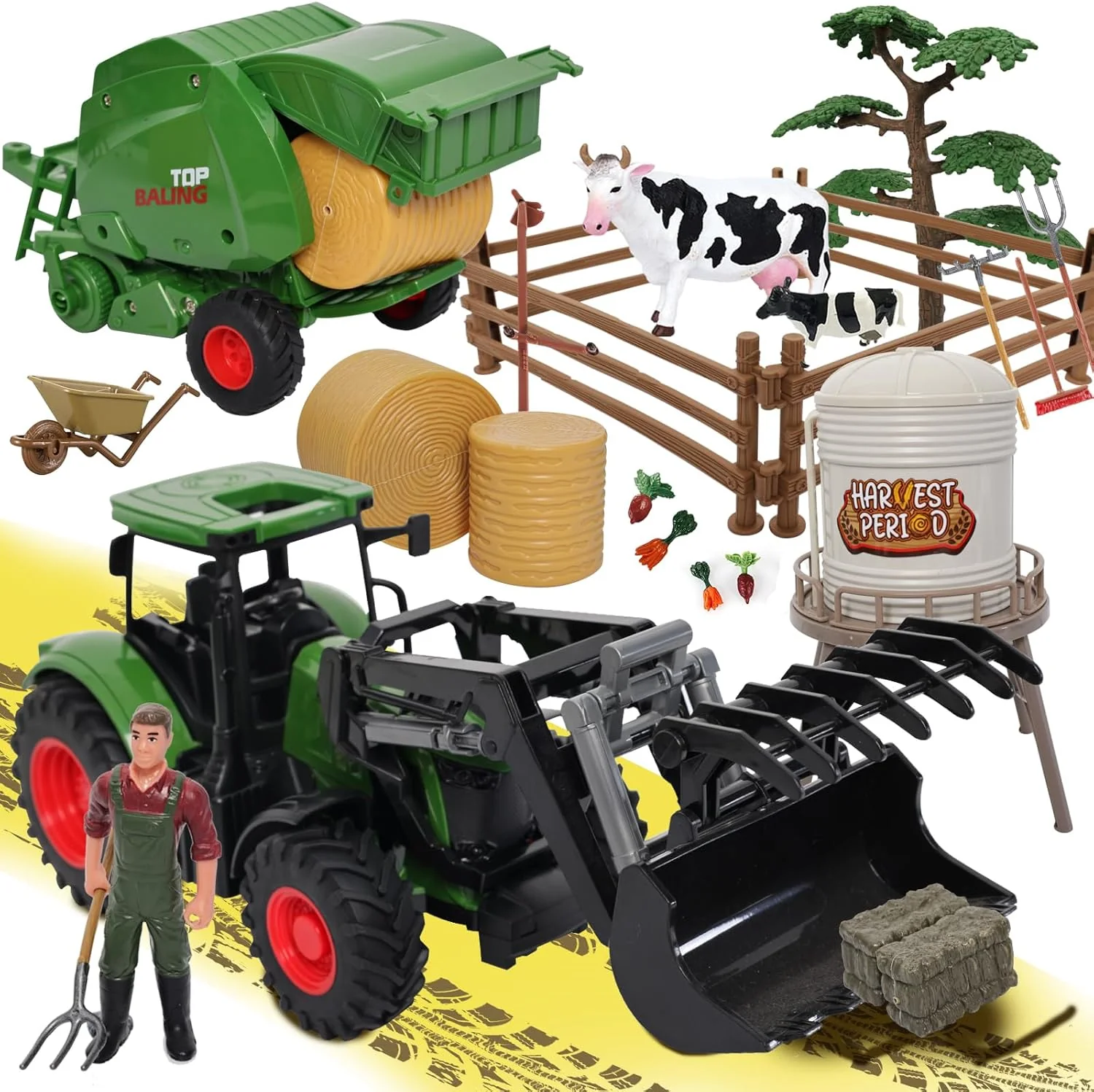 Consistent Farm Tractor Toys Set Bale Haying Round Baler with Barn Farmer Cow Farm Tools Tree Farm Tractor Pla yset for Kids Toddler Boys Girls Ages 3-7 Years Authentic