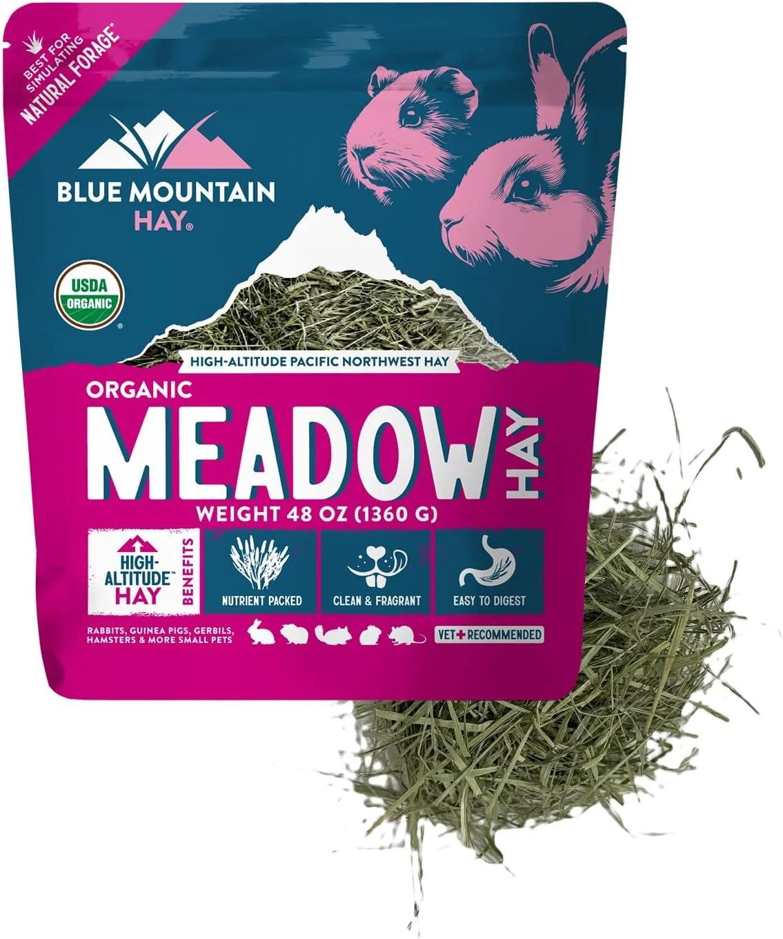 Expertly Made Blue Mountain Hay Fresh Organic Meadow Hay 48 Ounce Mimics Natural Forage High-Altitude Hay Pet Food for Rabbits Guinea Pigs Chinchillas Hamsters and Other Small Pets Eco-Friendly