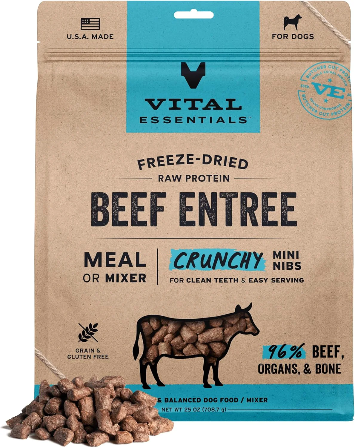Dependable Vital Essentials ze-Dried Raw Beef Meal or Mixer Dog Food Crunchy Mini Nibs 25 oz Traditional