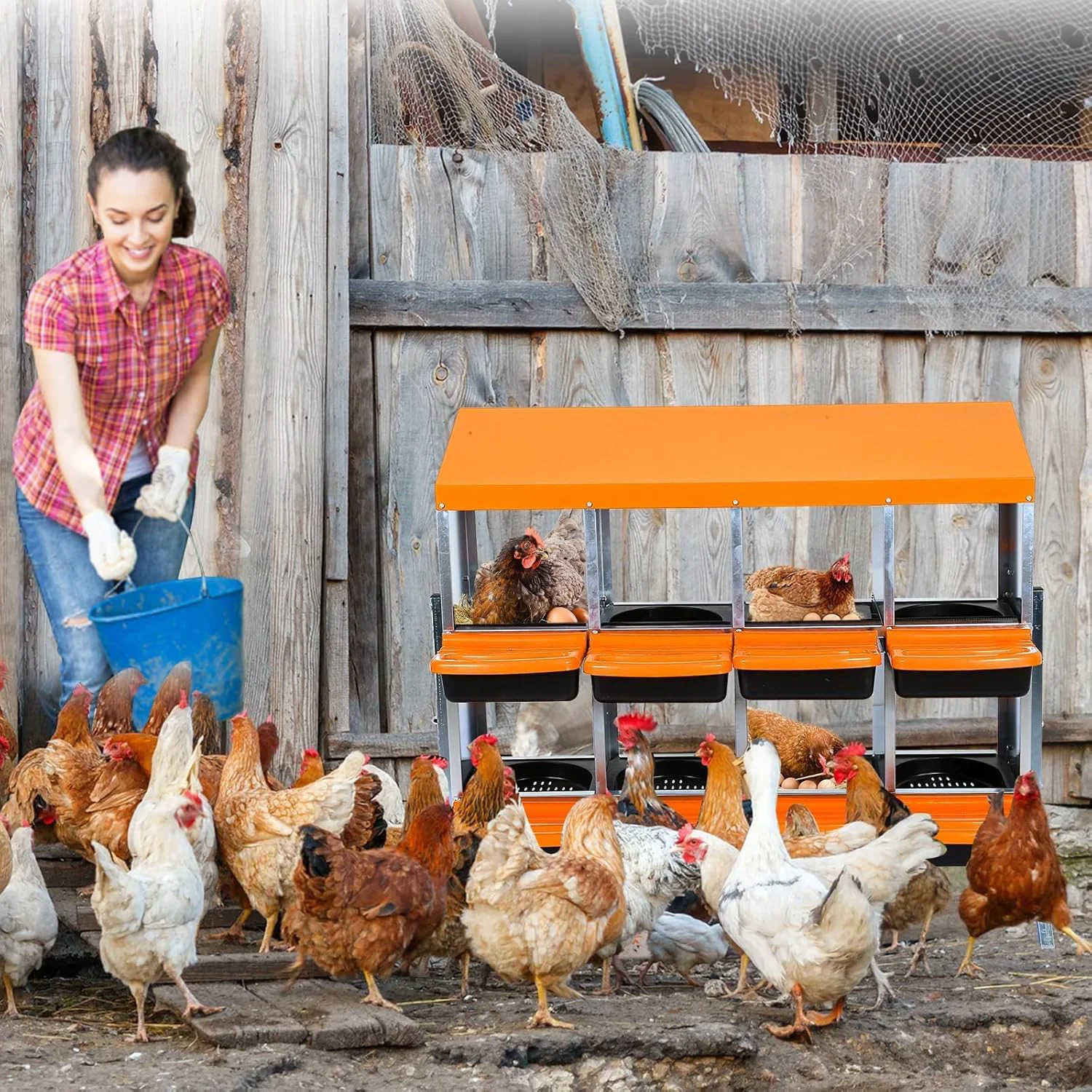 Selected Chicken Nesting Boxes 8 Hole Metal Chicken Laying Box with with Removable Trays and Roll Out Egg Collection for Chicken Coop with Metal Bracket Orange Convenient