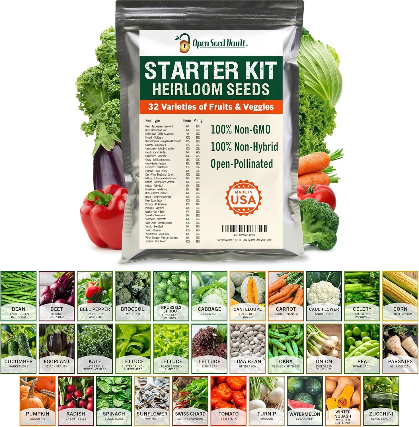 Safe Open Seed Vault 15 000 Non GMO Heirloom Vegetable Seeds for Planting Vegetables and Fruits - 32 Variety Pack of Vegetable Seeds for Gardening Survival Gear Seed Vault Emergency Supplies Kit High-Grade