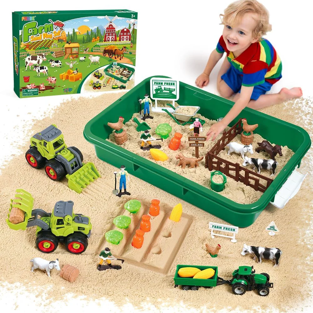 Modern FRUSE Play Sand Farm Toys Sensory Bins for Toddlers with 2.2lbs Sensory Play Sand Farm Figures Tractor Playset Sandbox Toys for Kids 3 4 5 6 7 Authentic