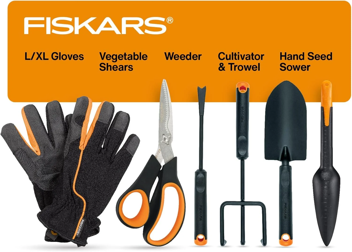 Enhanced Fiskars Vegetable Garden Tool Set with Vegetable Shears Seed Sower Trowel Cultivator Weeder and L XL Garden Gloves for Indoor or Outdoor Gardening 6 Piece Kit Gardening Gifts for Women Traditional