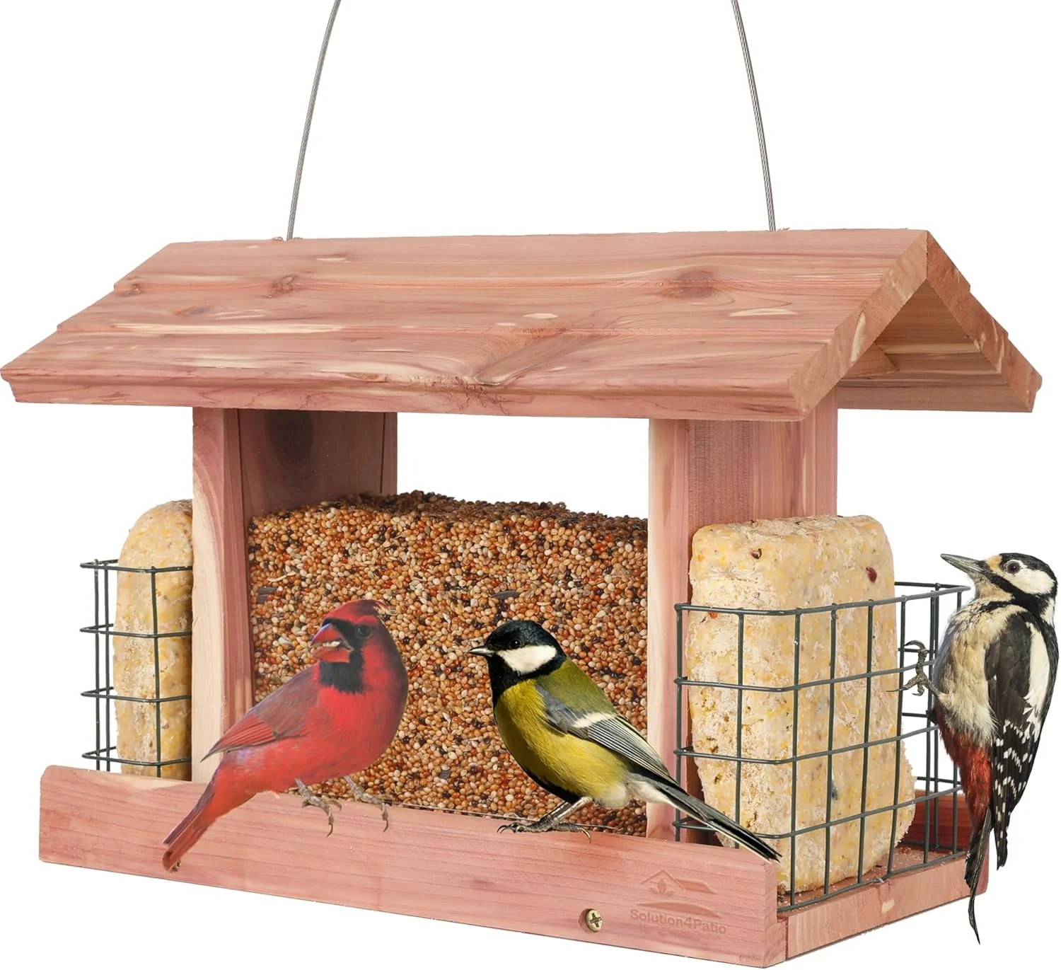 Environmentally Friendly Solution4Patio US Cedar Hopper Bird Feeder for Outdoors Hanging Handcrafted Wood Double Suet Cage Clear View Windows Squirrel-Proof Wild Bird Feeder for Cardinals Finches Chickadees Excellent