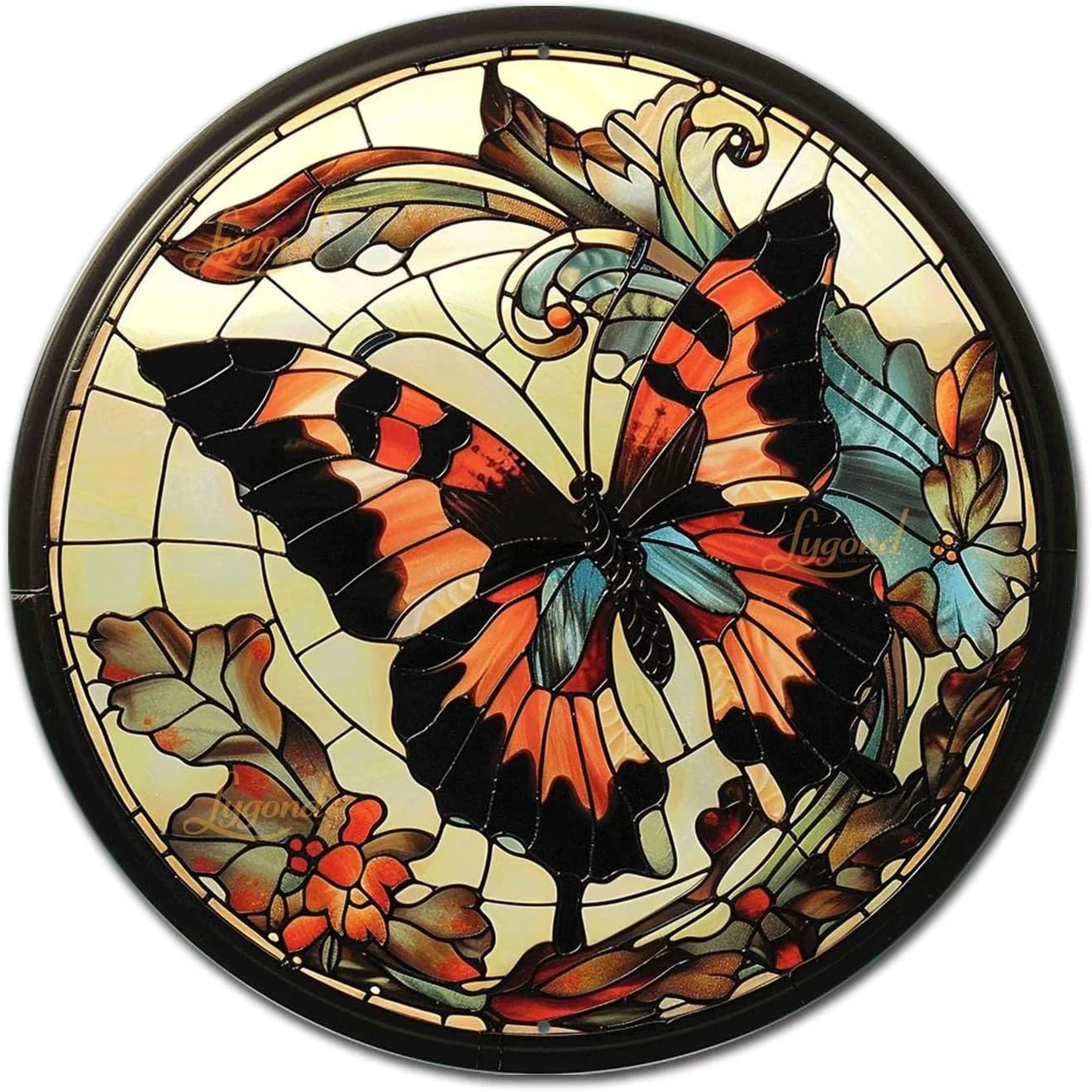 Original Design Lygond Metal Sign Tin Sign Circular Stained Glass Butterfly Decor Outdoor for Restaurant 8×8 Inches Smart
